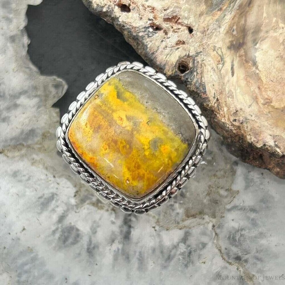 Sterling Southwestern Style Square Yellow Jasper Decorated Ring Sz 7.5 For Women
